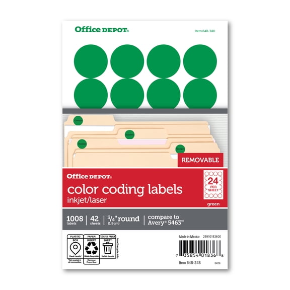 Office Depot Removable Round Color-Coding Labels, 3/4in. Diameter, Green, Pack Of 1,008, 3585401836