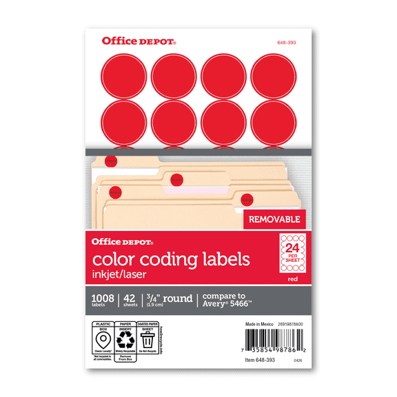 Office Depot Removable Round Color-Coding Labels, 3/4in. Diameter, Red, Pack Of 1,008, OD98786