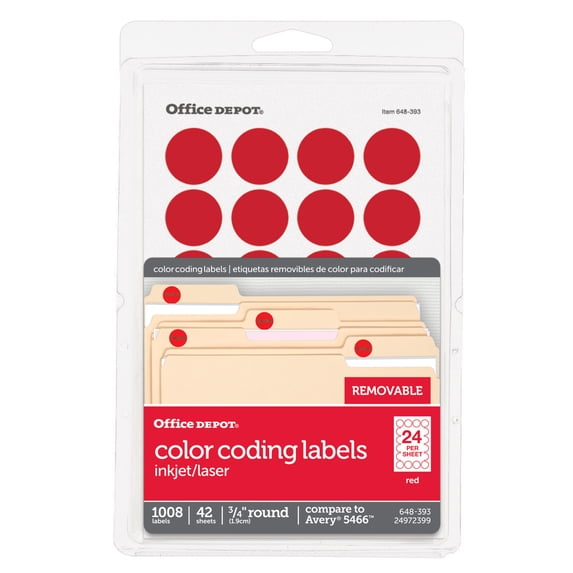 Office Depot Removable Round Color-Coding Labels, 3/4in. Diameter, Red, Pack Of 1,008, OD98786