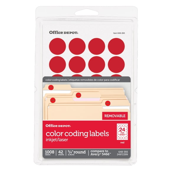 Office Depot Removable Round Color-Coding Labels, 3/4in. Diameter, Red, Pack Of 1,008, OD98786