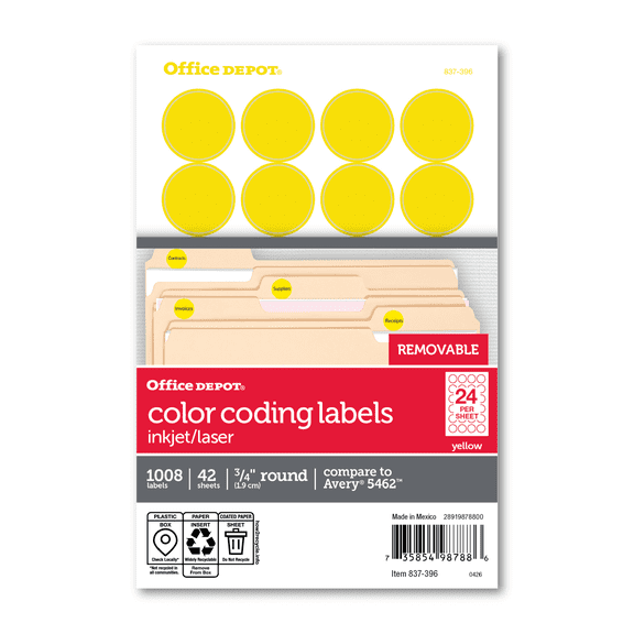 Office Depot Removable Round Color-Coding Labels, 3/4in. Diameter, Yellow, Pack Of 1,008, OD98788