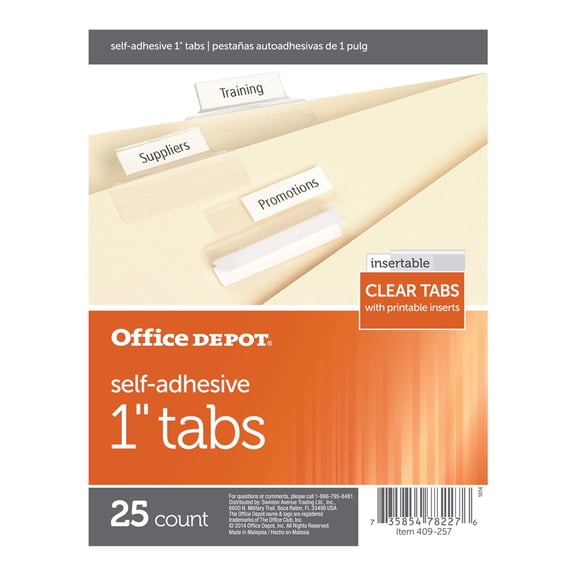 Office Depot Self-Adhesive Tabs With Printable Inserts, 1in., Clear, Pack Of 25, OD409257