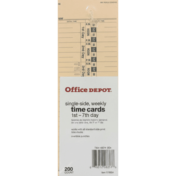Office Depot Single-Sided Weekly Time Cards, 1st7th Day, 200 Count
