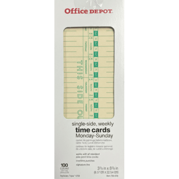 Office Depot Single-Sided Weekly Time Cards, MondaySunday, 100 Count