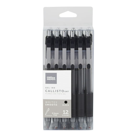 Office Depot Soft-Grip Retractable Gel Pens, Extra-Fine Point, 0.5 mm, Transparent Black Barrel, Black Ink, Pack Of 12 Pens
