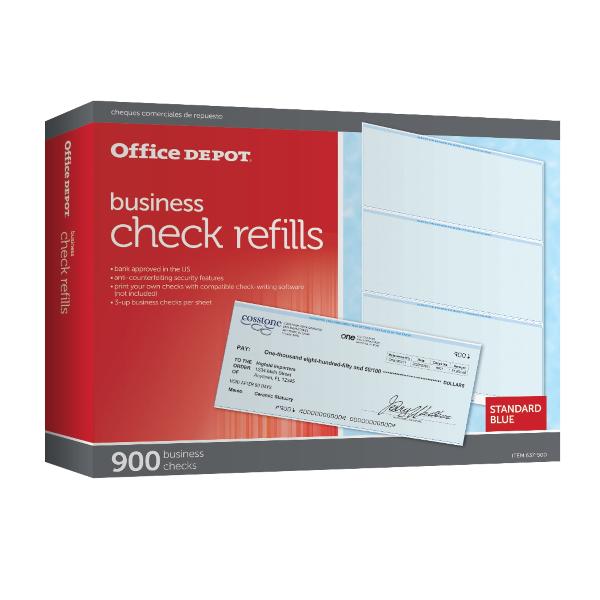 Office Depot Standard Blue Business Check Refills, Box Of 900, 9295