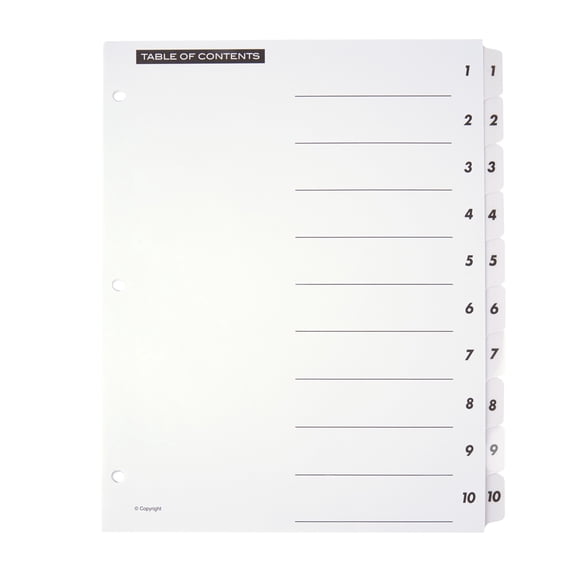 Office Depot Table Of Contents Customizable Index With Preprinted Tabs, White, Numbered 1-10, OD408942