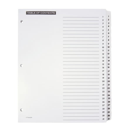 Office Depot Table Of Contents Customizable Index With Preprinted Tabs, White, Numbered 1-31, OD409716