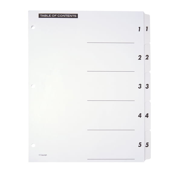 Office Depot Table Of Contents Customizable Index With Preprinted Tabs, White, Numbered 1-5, OD408879