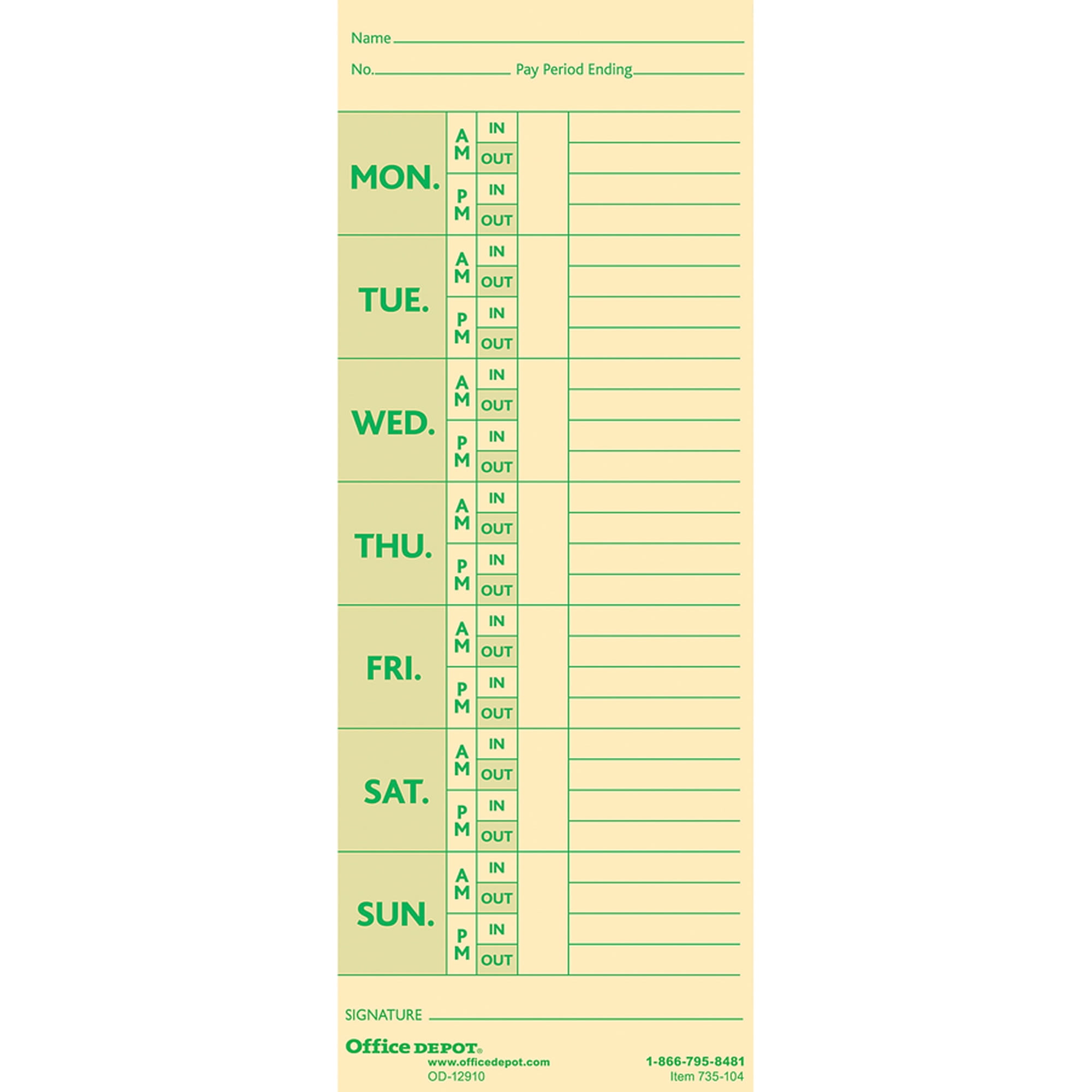 Office Depot Time Cards With Deductions, Weekly, Monday-Sunday Format, 2-Sided, 3 3/8in x 8 7/8in, Manila, pk Of 100, GB-735104