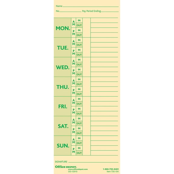Office Depot Time Cards With Deductions, Weekly, Monday-Sunday Format, 2-Sided, 3 3/8in x 8 7/8in, Manila, pk Of 100, GB-735104