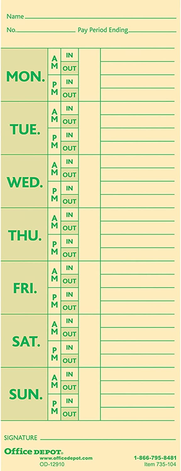 Office Depot Time Cards with Deductions, Weekly, MondaySunday Format