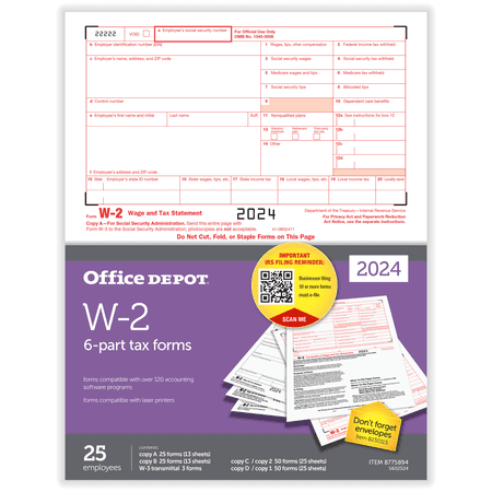 Office Depot® W-2 Laser Tax Forms, 6-Part, 2-Up, 8-1/2" x 11", Pack Of 25 Form Sets