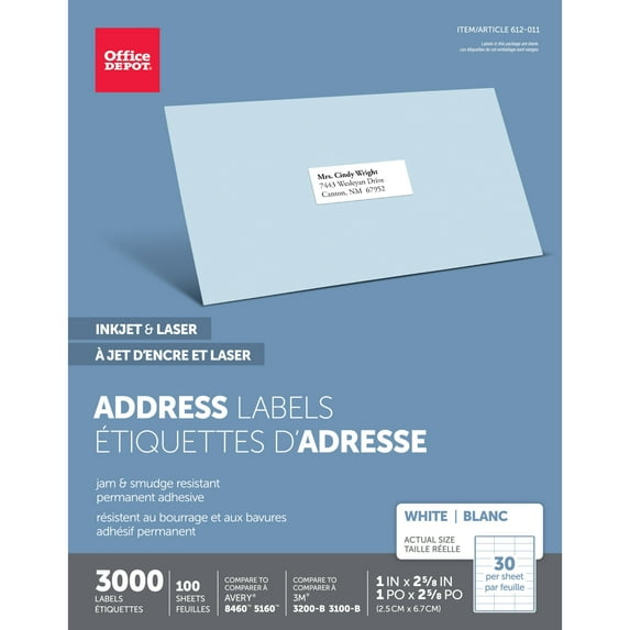 Office Depot White Inkjet/Laser Address Labels, 1in. x 2 5/8in., Box Of 3,000, 505-O004-0004