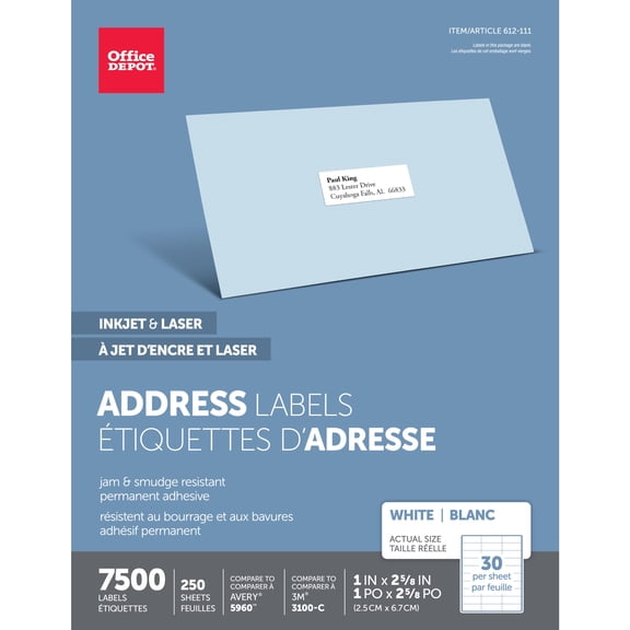 Office Depot White Inkjet/Laser Address Labels, 1in. x 2 5/8in., Box Of 7,500, 505-O004-0005