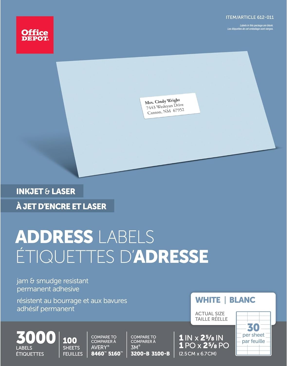 Office Depot White Inkjet/Laser Address Labels, 1in. x 2 5/8in., Box of