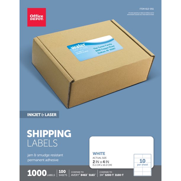 Office Depot White Inkjet/Laser Shipping Labels, 2in. x 4in., Box Of