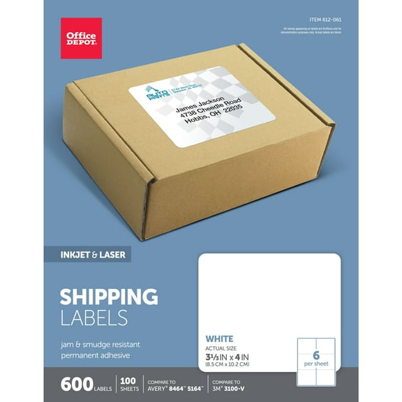 Office Depot White Inkjet/Laser Shipping Labels, 3 1/3in. x 4in., Box Of 600, 505-O004-0010