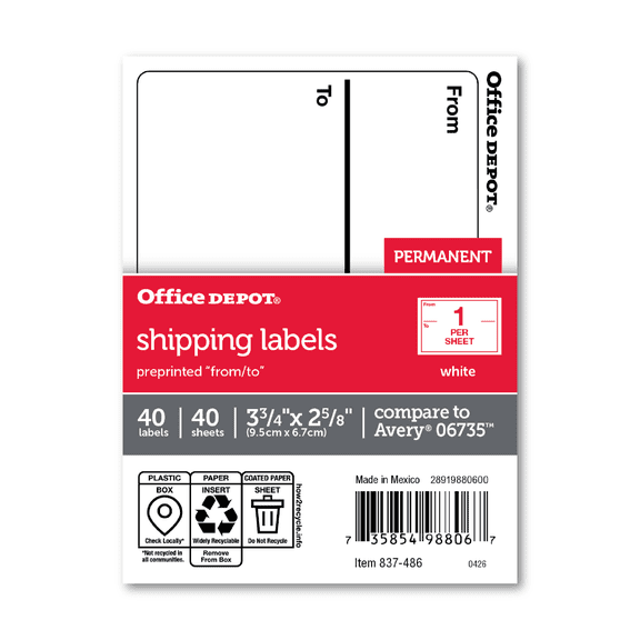 Office Depot White To/From Shipping Label Pad, 3 3/4in. x 2 5/8in., Pack Of 40, OD98806