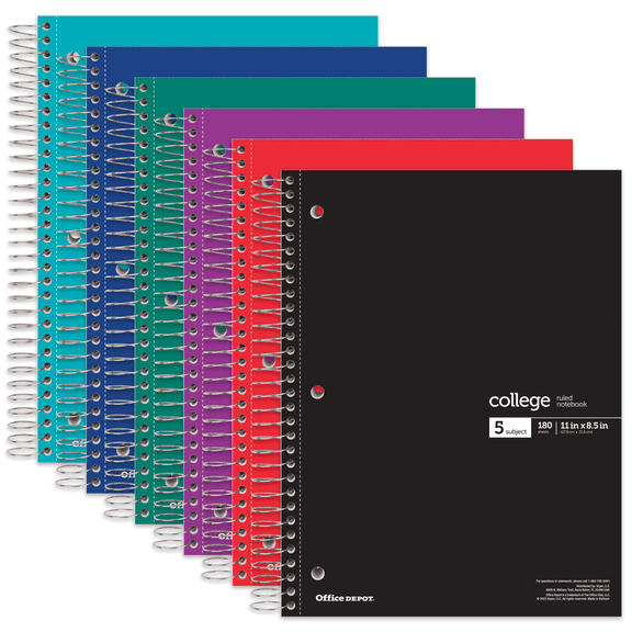 Office Depot Wirebound Notebooks, 8 1/2" x 11", 5 Subjects, College Ruled, 180 Sheets, Assorted Colors, Pack Of 6 Notebooks