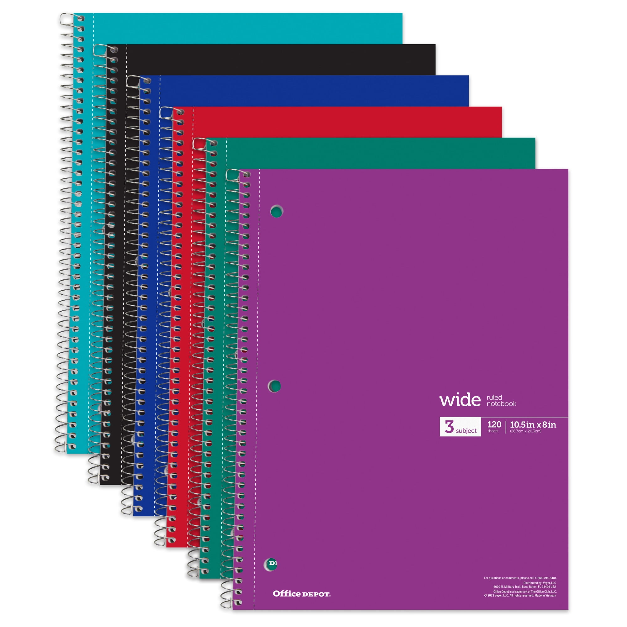 Office Depot Wirebound Notebooks, 8" x 10-1/2", 3 Subjects, Wide Ruled, 120 Sheets, Assorted Colors, Pack Of 6 Notebooks