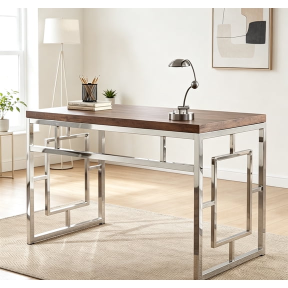 Office Desk, 47-Inch 3D PVC Laminate Faux Wood Top, Contemporary Style, Chrome Base, Computer, Gaming, Writing Desk, Monitor Stand, Study, 47" W x 24" D x 30" H, Brown