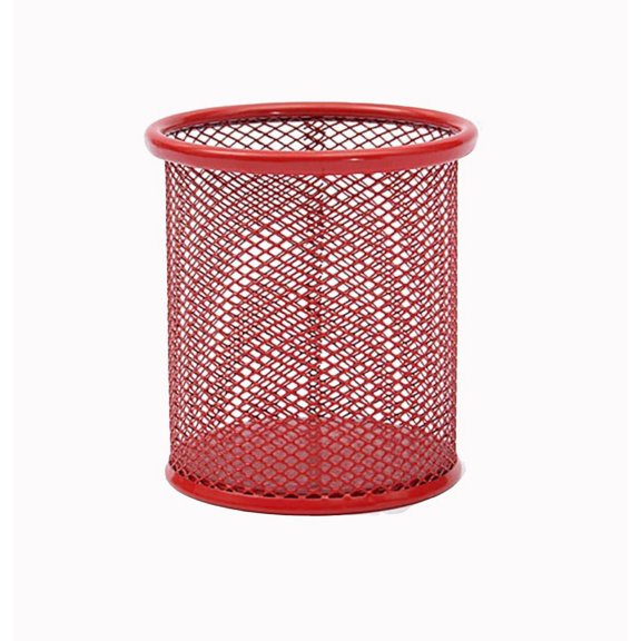 Office Desk Accessories Metal Grid Round Pens Pencils Holder Desk Organizer -Red