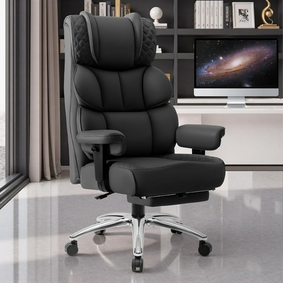 Office Desk Chair, Big and Tall Leather Gaming Chair with Footrest, Wide Ergonomic Comfy Executive High-Back Reclining Computer Chairs, Swivel Rolling Wheels and Padded Lumbar Support, Black