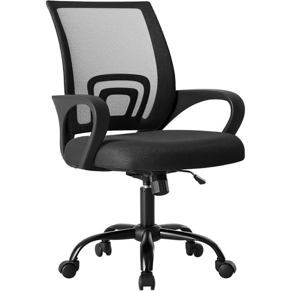 Office Desk Chair - Ergonomic Mid Back with Lumbar Support & Rocking Mode, Height Adjustable with Fixed Armrest, Storage Back for Computer, Gaming, Conference, Meeting, 360 Swivel, Black