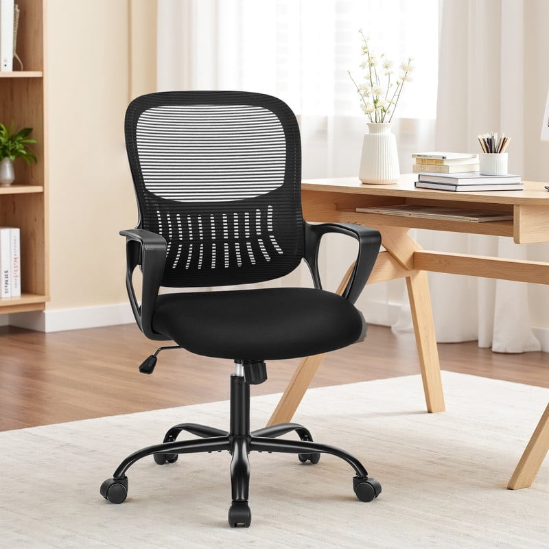 Office Desk Chair, Ergonomic Mid-Back Mesh Chair with Wheels, Comfy Lumbar Support with Fixed Arms for Home office, Gaming, Study, Black