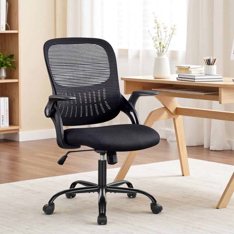 Office Desk Chair, Ergonomic Mid-Back Mesh Chair with Wheels, Comfy Lumbar Support with Flip-up Arms for Home office, Gaming, Study, Black
