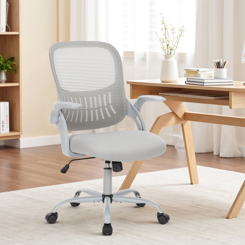 Office Desk Chair, Ergonomic Mid-Back Mesh Chair with Wheels, Comfy Lumbar Support with Flip-up Arms for Home office, Gaming, Study, Gray
