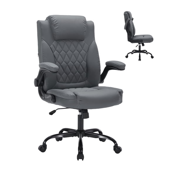 Office Desk Chair,Ergonomic PU Leather Computer Chair with Padded Flip-Up Arms and Adjustable Lumbar Support,Executive Chair with  Tilt Lock & 360° Swivel Wheels,Study Chairs for Work