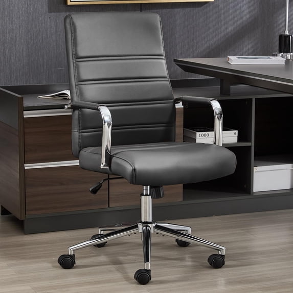 Office Desk Chair Leather, Conference Room Chairs with Wheels, Modern Executive Office Chairs Adjustable Height, Ergonomic Swivel Rolling Ribbed Computer Chair(Black)
