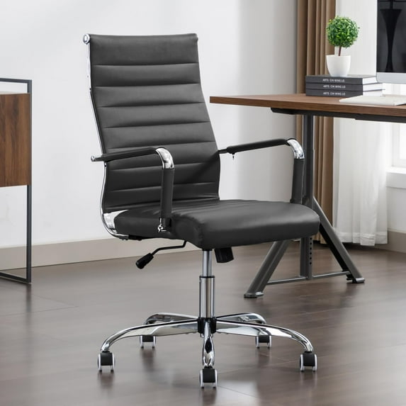 Office Desk Chair Leather, Conference Room Chairs with Wheels, Executive Modern Ergonomic Ribbed Computer Chair