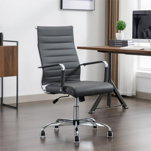 Office Desk Chair Leather, Conference Room Chairs with Wheels, Executive Modern High Back Ergonomic Swivel Rolling Ribbed Computer Chair