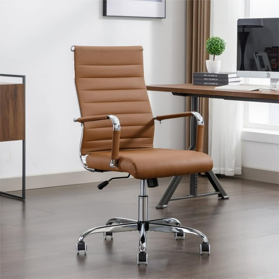 Office Desk Chair Leather, Conference Room Chairs with Wheels, Executive Modern High Back Ergonomic Swivel Rolling Ribbed Computer Chair