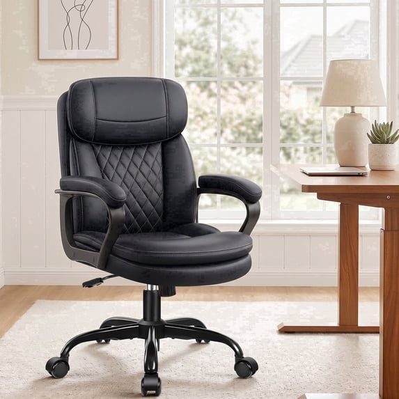 HeroSet Leather Office Chair, Ergonomic Desk Chair with Lumbar Support, Soft Headrest & Thick Seat Cushion, Computer Chair for Home Office Work, Matte Black