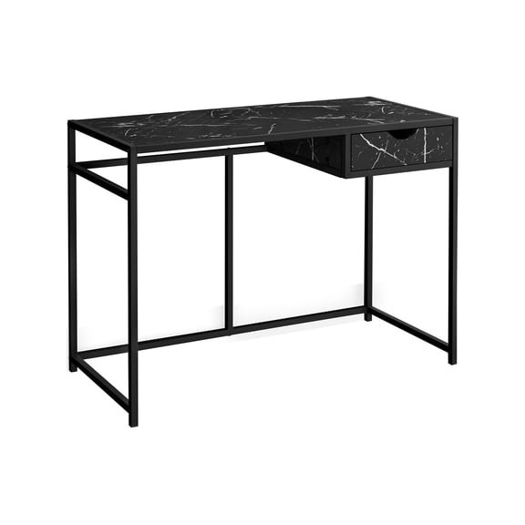 Office Desk Computer Desk, Home Office, Laptop, Storage Drawer, 42"l, Work, Black Marble Look Laminate, Black Metal, Contemporary, Modern,Work Surface