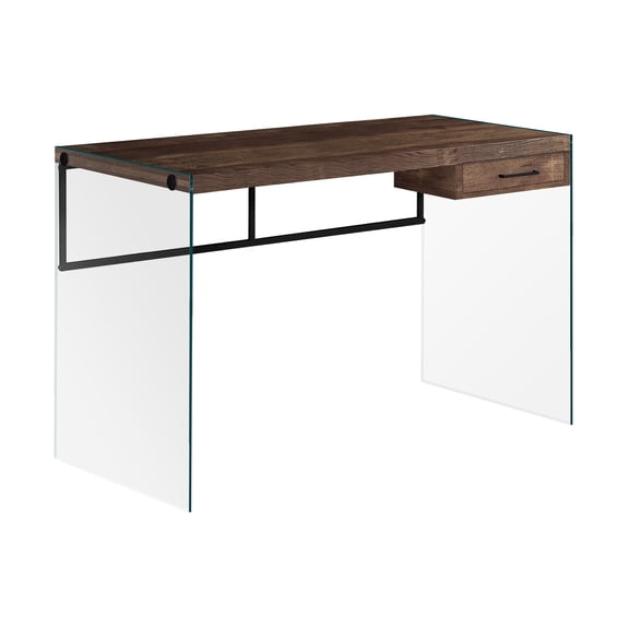 Office Desk Computer Desk, Home Office, Laptop, Storage Drawers, 48"l, Work, Brown Laminate, Clear Tempered Glass, Contemporary, Modern,Work Surface