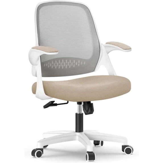 Office Desk Computer Gaming Chair with Ergonomic Lumbar Back Support Flip-up Padded Armrest Adjustable Height and Wheels for Home or Office (Beige)