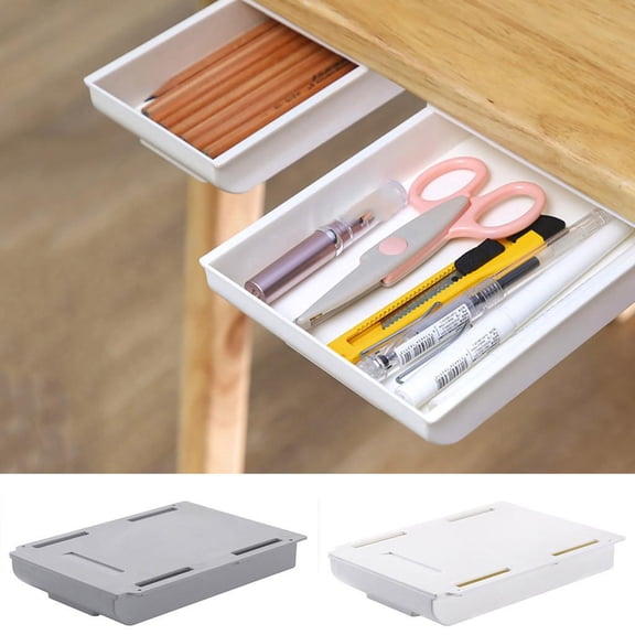 Office Desk Drawer Organizer Under Desk Drawer Adhesive White Plastic Desk Storage Organizer Hidden Desk Storage for Office Organization 1 Pack