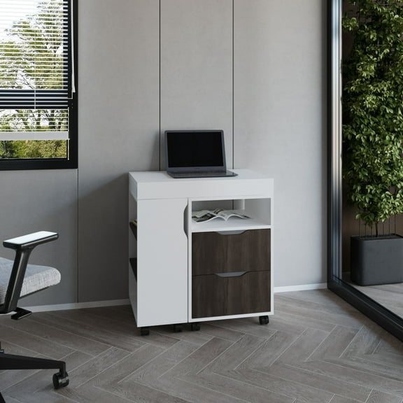 Office Desk Extendable Desk, 2 Drawers, 4 Shelves, 4 Wheels,Work Surface