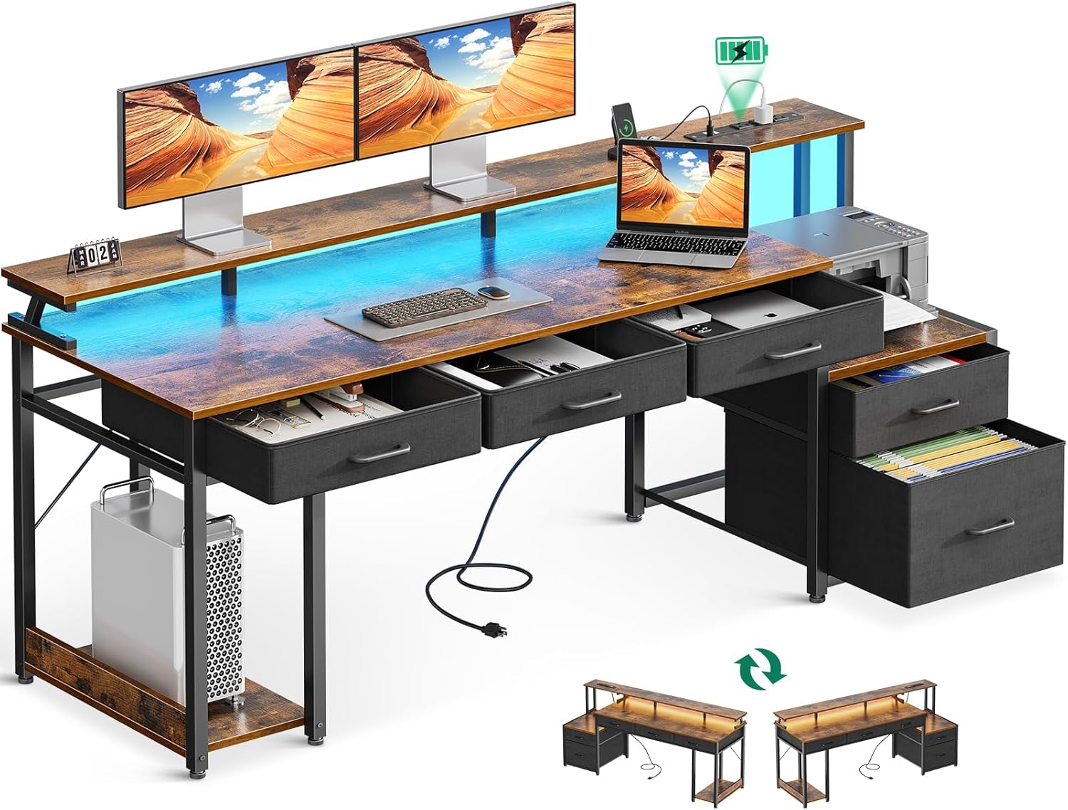 55 Inch Fluted Wood Office Desk Storage Modern Light Oak 55
