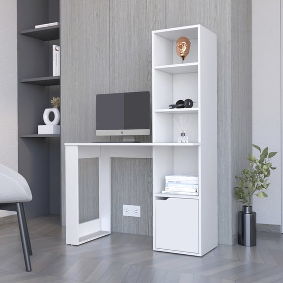 Office Desk In White, With Robust 4 Bookcase And Secret Lower Storage Cellar Classy White Spacious Hidden Box