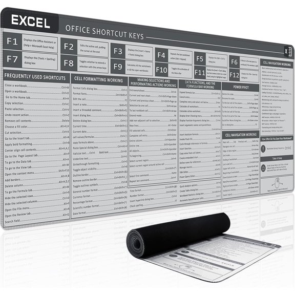 Office Desk Mat, Excel Cheat Sheet Keyboard Mat, Excel Shortcut Desk Pads,Non-Slip Excel Mousepad with Stitched Edges for Computer (Sheet Grey)