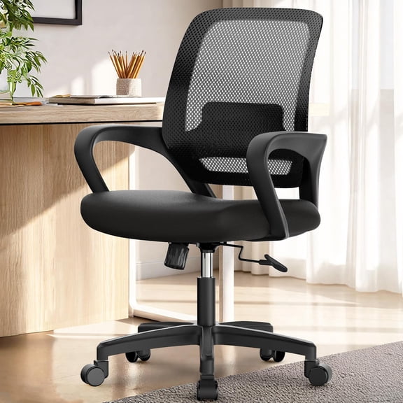Office Desk Mesh Chair Ergonomic Computer Mid-Back Chair with Comfy Lumbar Support Wheels Swivel Adjustable Height Rolling for Home Vanity Bedroom Study (All Black)
