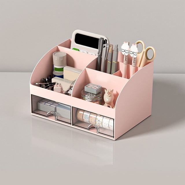 Office Desk Organizer with 6 Compartments & 2 Drawers, Plastic Makeup Organizer Box, Desk Top Accessories Stationary Organizer for Vanity Makeup Office(Pink)