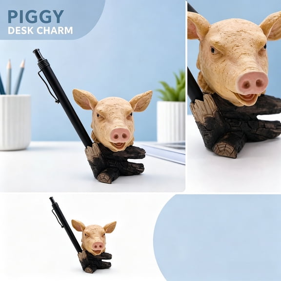 Office Desk Organizer, Office Pen Holder for Desk, Desk Storage Organizer, Funny Office Decor, 4X3.5X9.5 Inch Playful Pig Head Desktop Statue Display for Workspace Pen Storing and