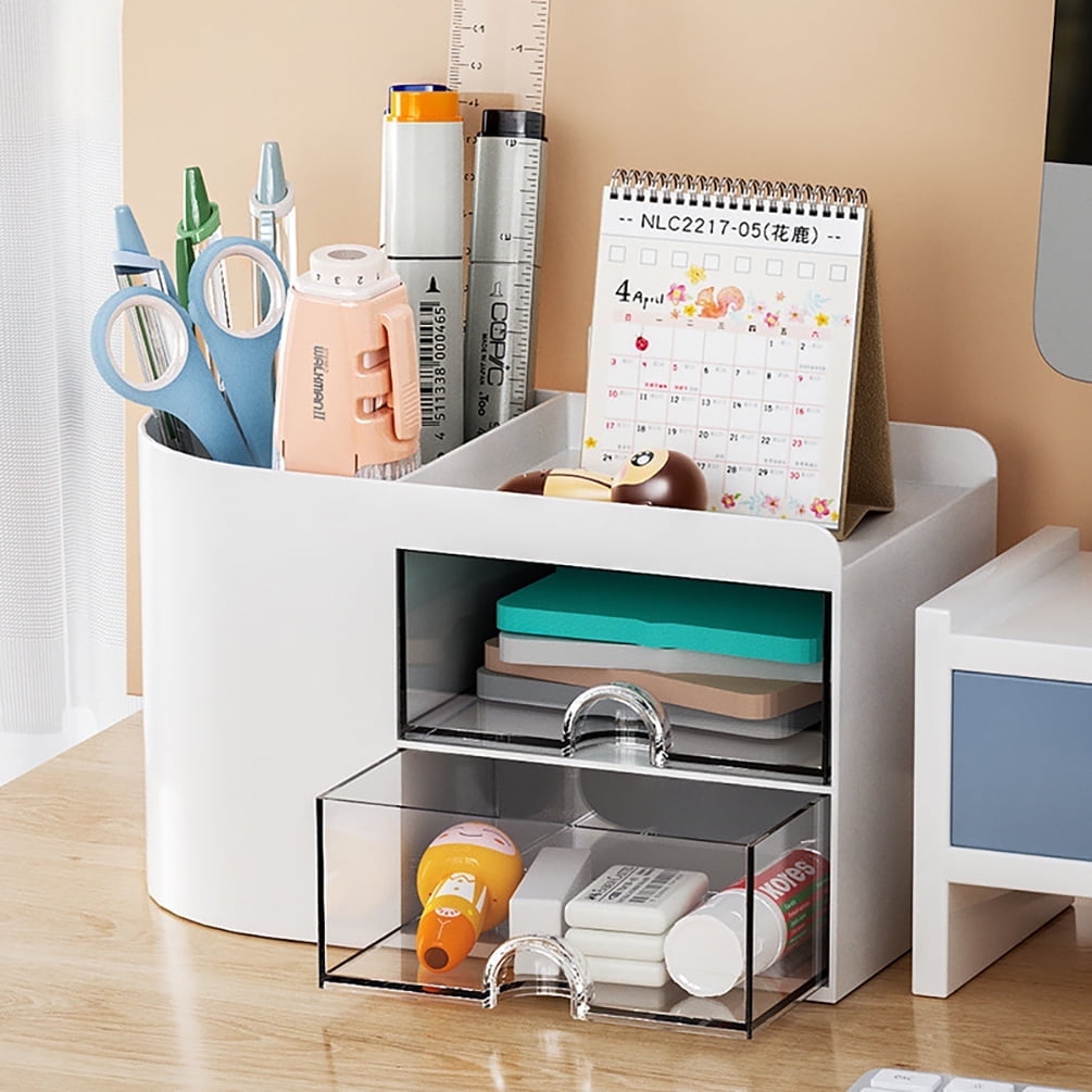 Desk Organizer With Drawer - 6 Compartments & 2 Drawers, White Plastic Storage Box For Makeup Or Office - View #5